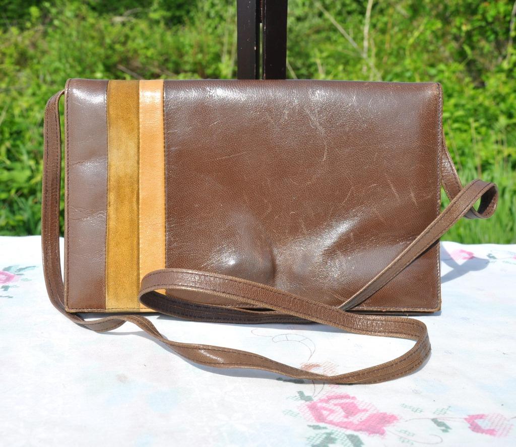 sac pochette vintage brun beige brigitt, Enlèvement ou Envoi, Utilisé, Brun, Sac à bandoulière