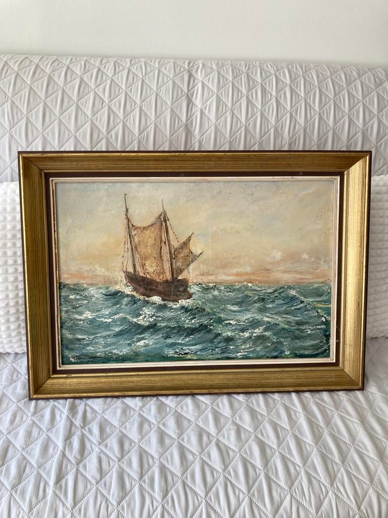 Zeilschip op een woelige zee,  jaar 1973, Antiek en Kunst, Kunst | Schilderijen | Klassiek, Ophalen of Verzenden