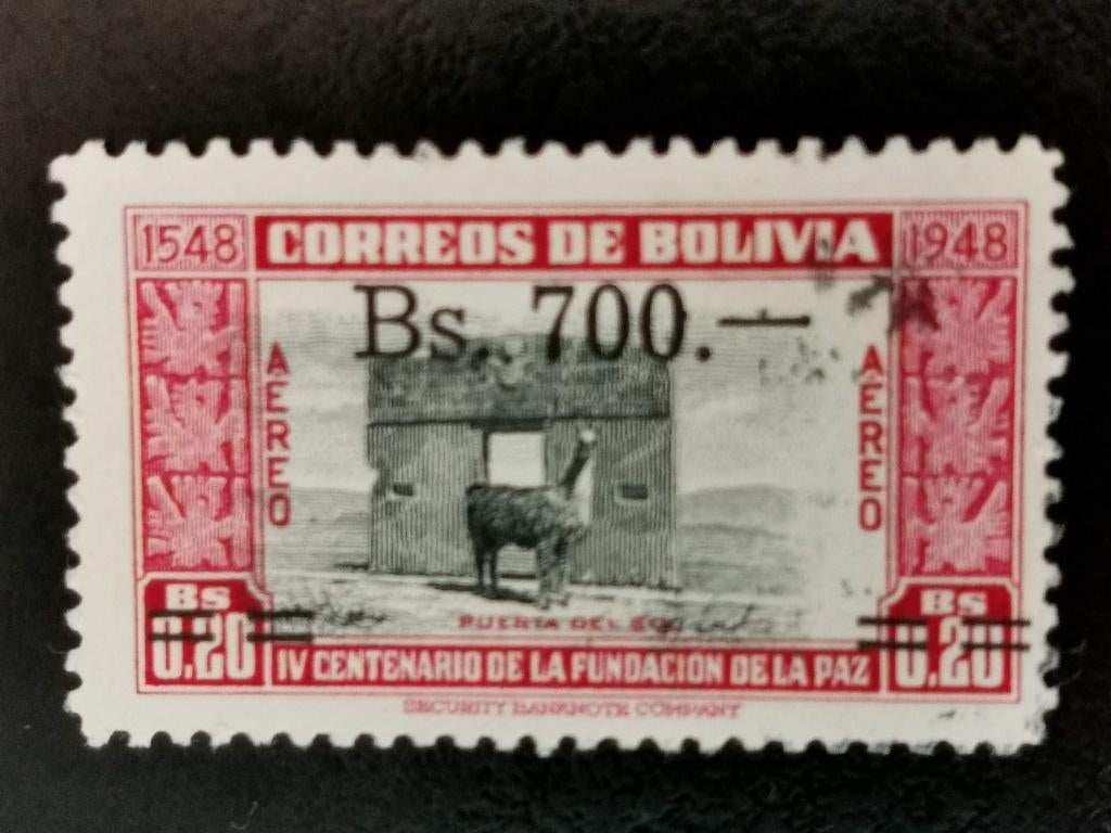 Bolivie 1957 - Porte du Soleil, lama - avec surcharge, Enlèvement ou Envoi, Affranchi, Amérique du Sud