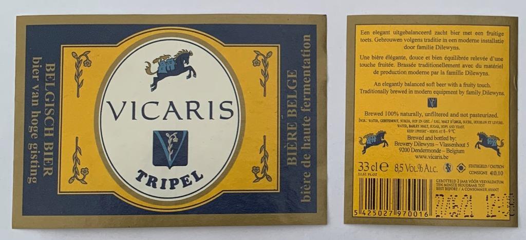 Bieretiket Vicaris Tripel Brouwerij Dilewyns (3k1), Verzamelen, Ophalen of Verzenden, Gebruikt