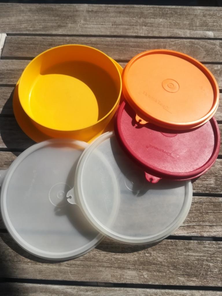 Tupperware potje voor fruitpap of slaatje met 4 deksels, Enlèvement ou Envoi, Utilisé, Autres matériaux, Autres types