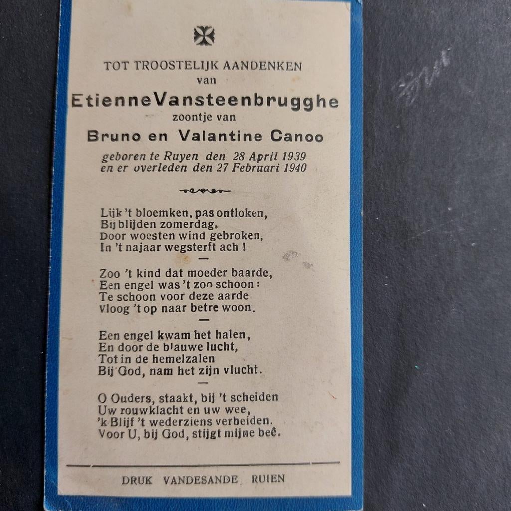 Bidprentje kindje Ruien 1939-1940, Verzamelen, Ophalen of Verzenden, Bidprentje