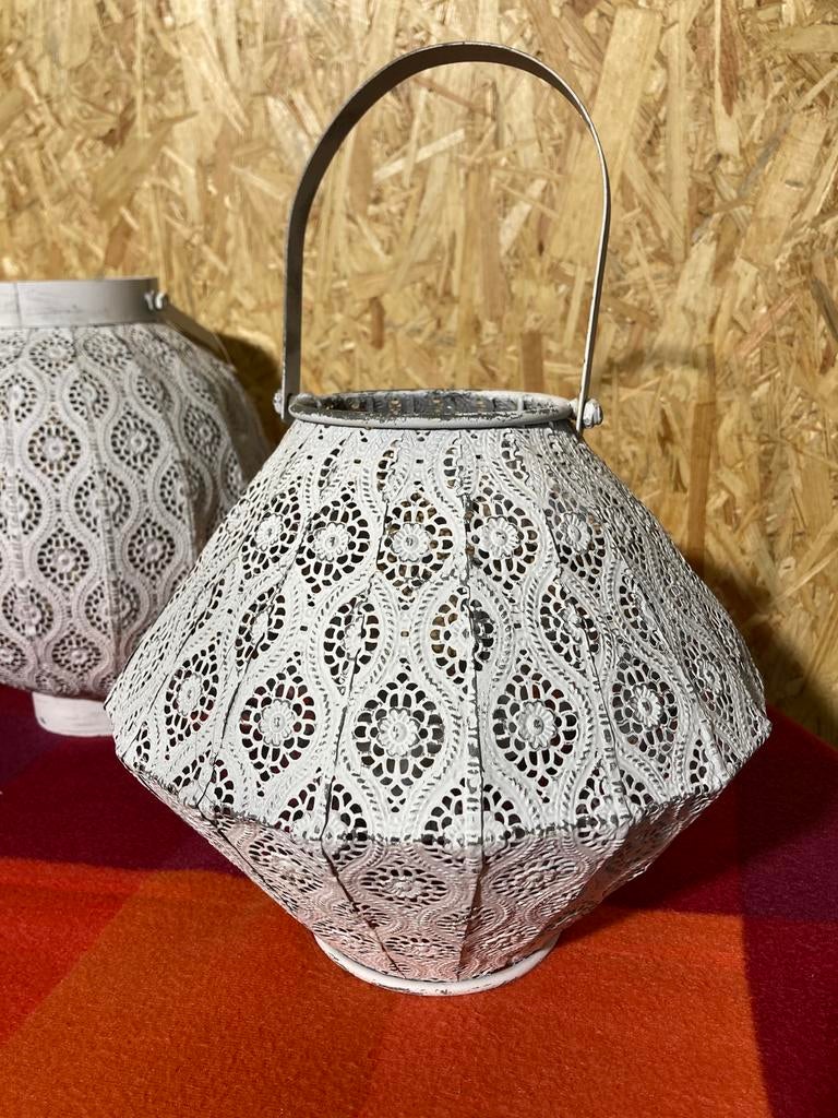 3 witte ijzeren windlichten, W, Ophalen of Verzenden, Zo goed als nieuw, Kaars