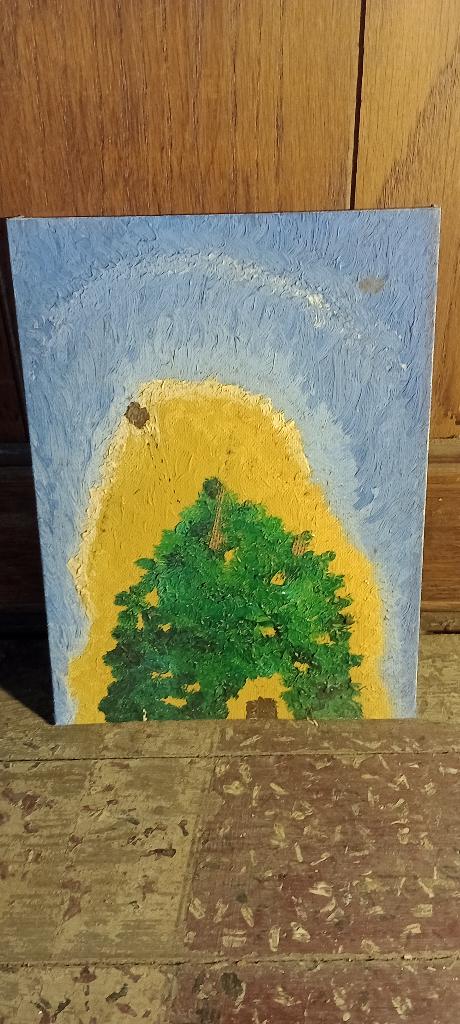 Petite huile 18x24cm - Arbre stylisé sur carton Talens, n205, Antiquités & Art, Enlèvement ou Envoi, Signé, Peinture à l'huile