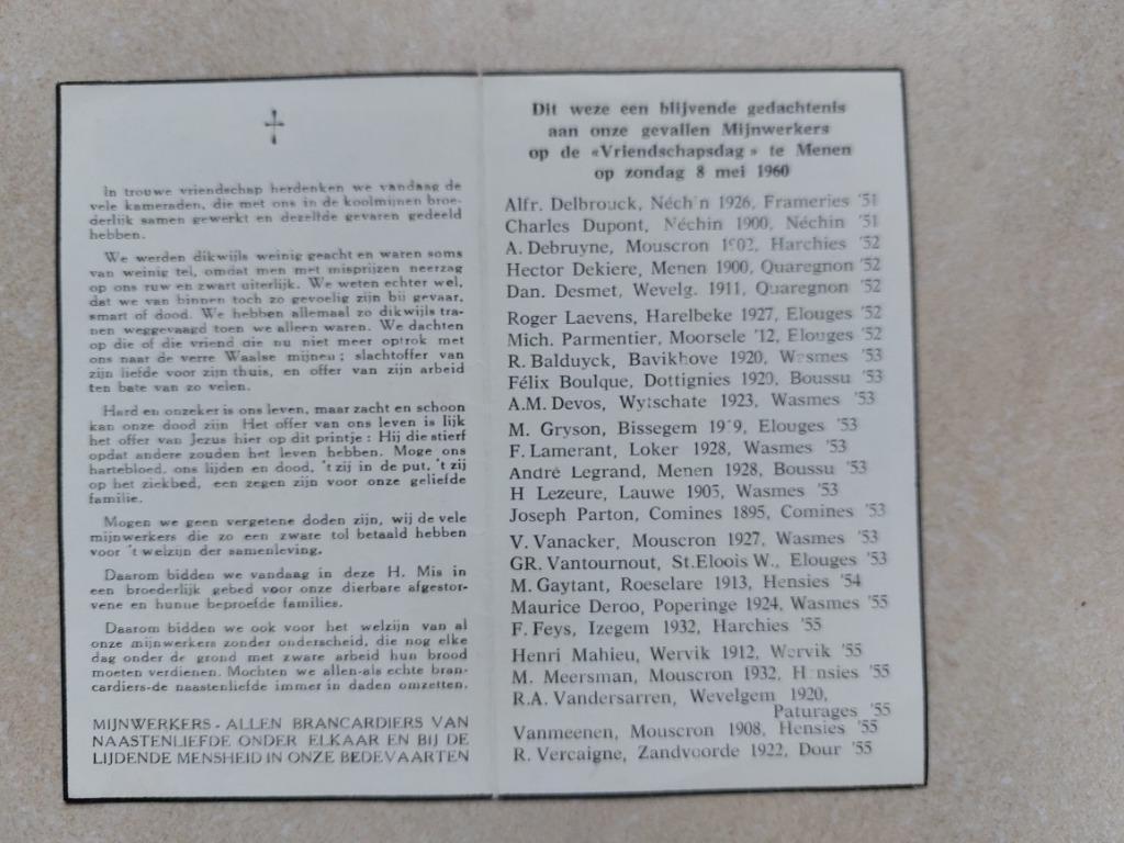 bidprentje mijnwerkers Menen 1960, Verzamelen, Verzenden, Bidprentje