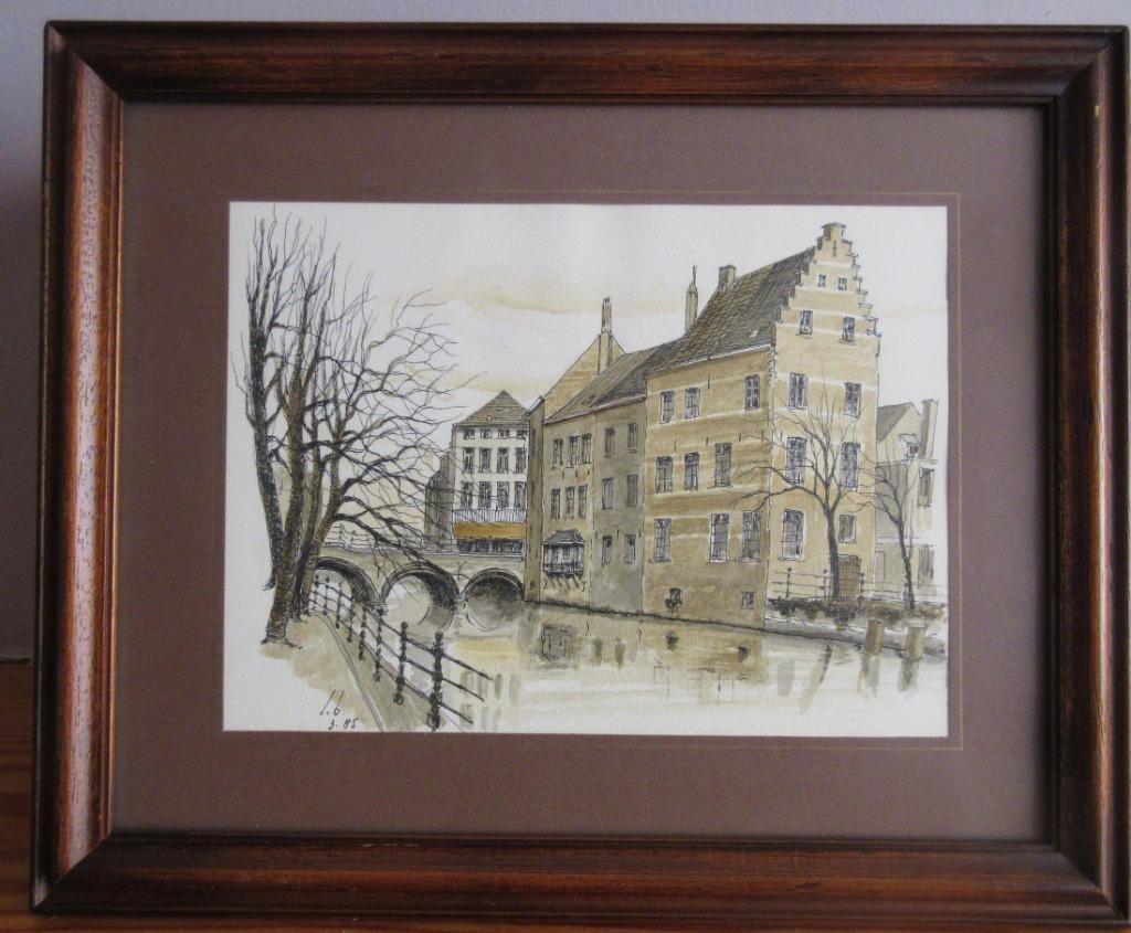 Pentekening "Zicht op de Dijle vanaf Zoutwerf" L.Boschmans, Antiek en Kunst, Kunst | Schilderijen | Klassiek, Ophalen of Verzenden