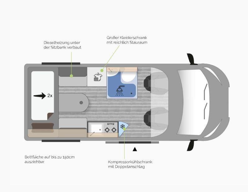Camping-car Duo Drive Clever (Pössl) 2 personnes, Caravanes & Camping, Camping-cars, Siège de train, Auvent, Boîte manuelle, Pössl