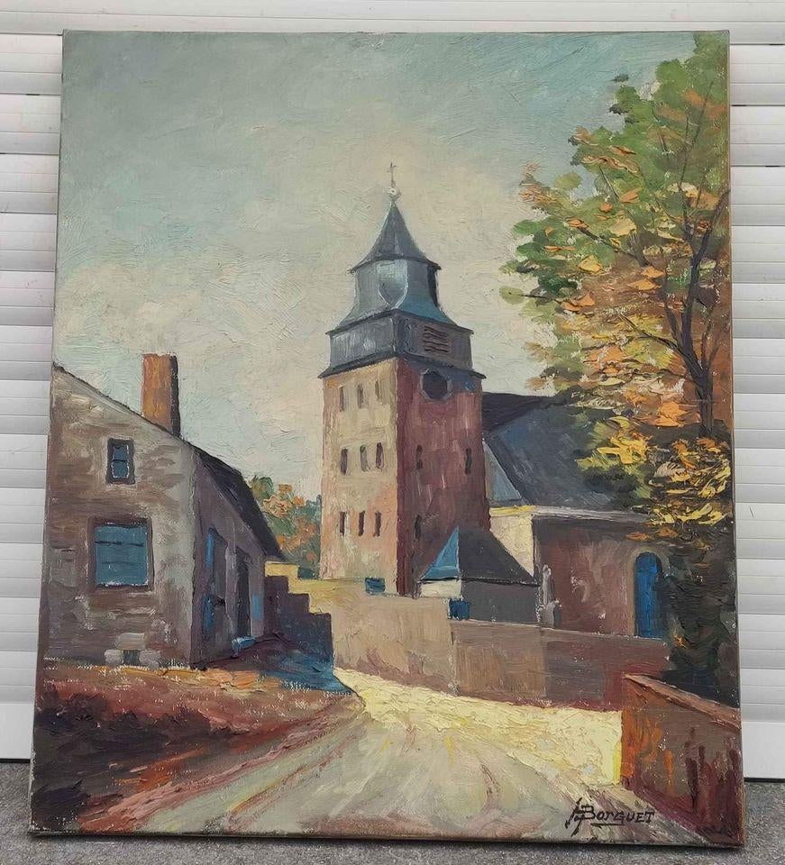huile sur toile village ardennais signe hubert borguet, Antiquités & Art, Enlèvement ou Envoi