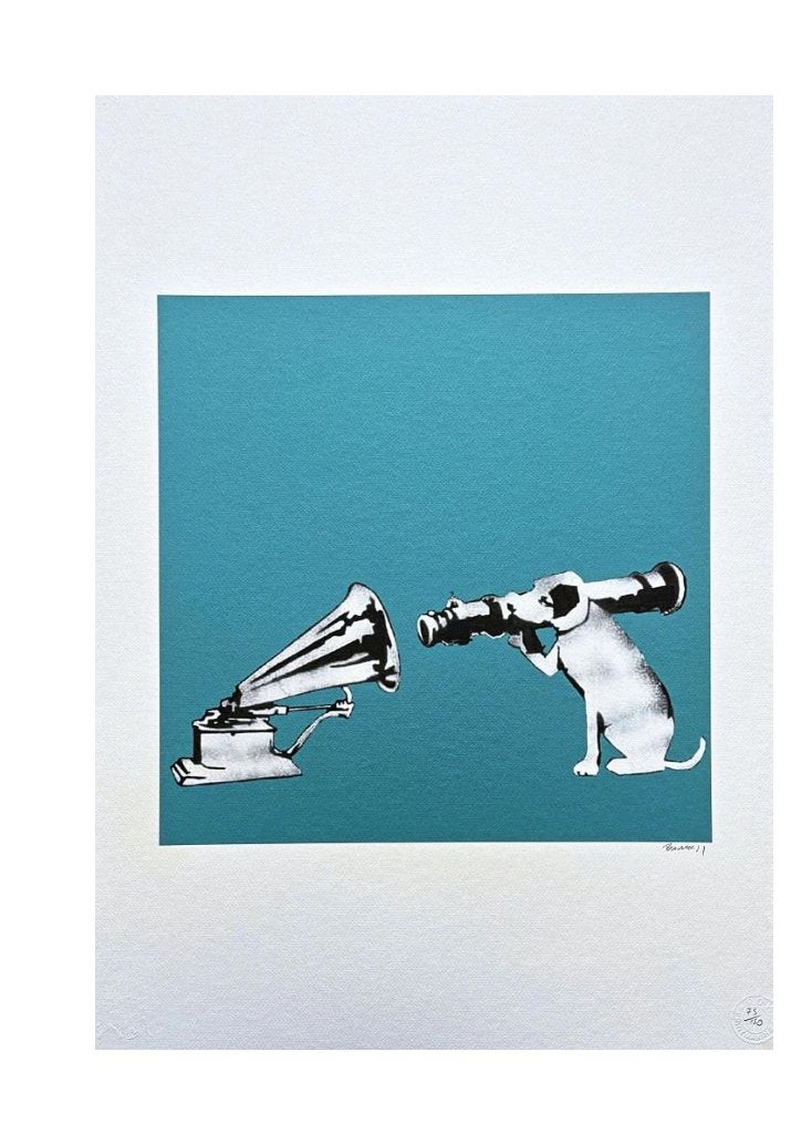 Banksy - Chien HMV, Avec certificat d'authenticité, Enlèvement ou Envoi, Lithographie