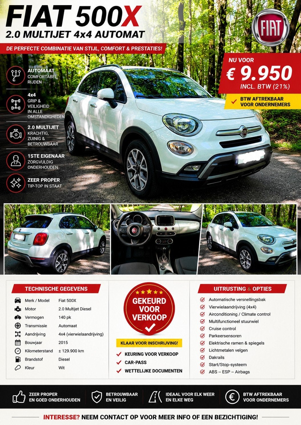 Fiat 500X 2.0 Multijet 4x4 Cross : Automaat, B.t.w Aftrek., Auto's, Automaat, Wit, Diesel, Vierwielaandrijving