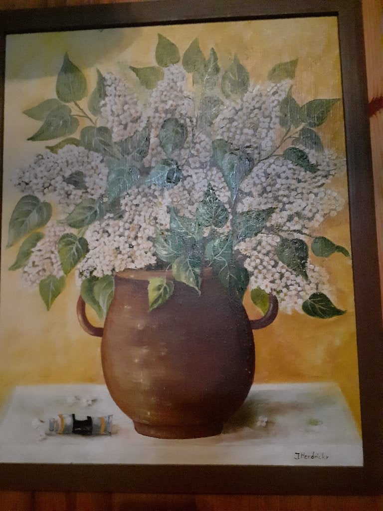 Schilderij witte seringen in bruine vaas, Antiek en Kunst, Kunst | Schilderijen | Klassiek, Doek, Realistisch, Olieverf, Ophalen