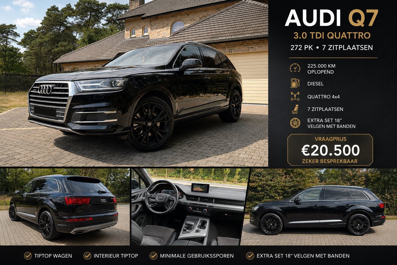 Audi Q7 3.0 TDI quattro – 272 pk – 7 zitplaatsen, Automaat, Alcantara, Zwart, Diesel