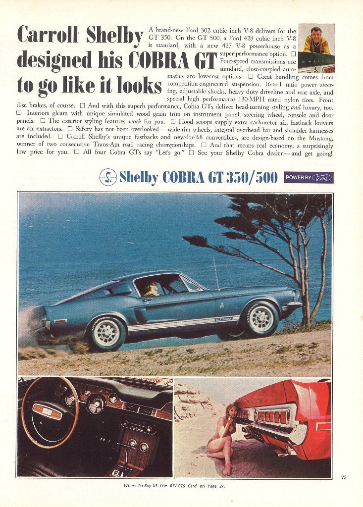 Publicité de la Ford Mustang Shelby Cobra GT 350/500 de 1968, Ford, Enlèvement ou Envoi, Diverse auteurs, Comme neuf