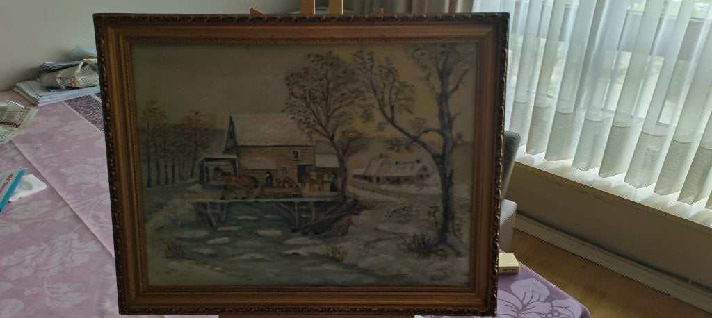 Wintertafereel op doek door schilder J.M. Huisman, Antiquités & Art, Art | Peinture | Classique, Signé, Enlèvement, Paysage urbain / rural
