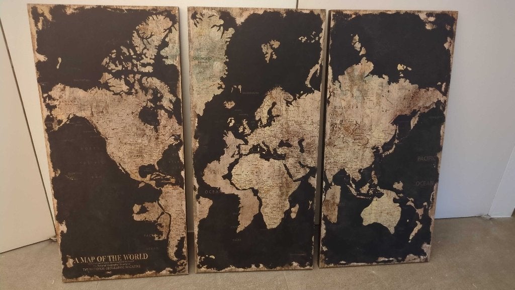 Carte du monde en triptyque, Maison & Meubles, Suspension murale, 80 cm, Vintage, Comme neuf