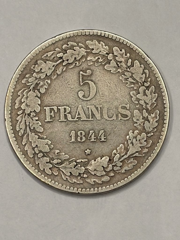 Munt zilver België 5 FR Leopold I gelauwerd 1844 pos A, Zilver, Ophalen of Verzenden, Losse munt, Zilver