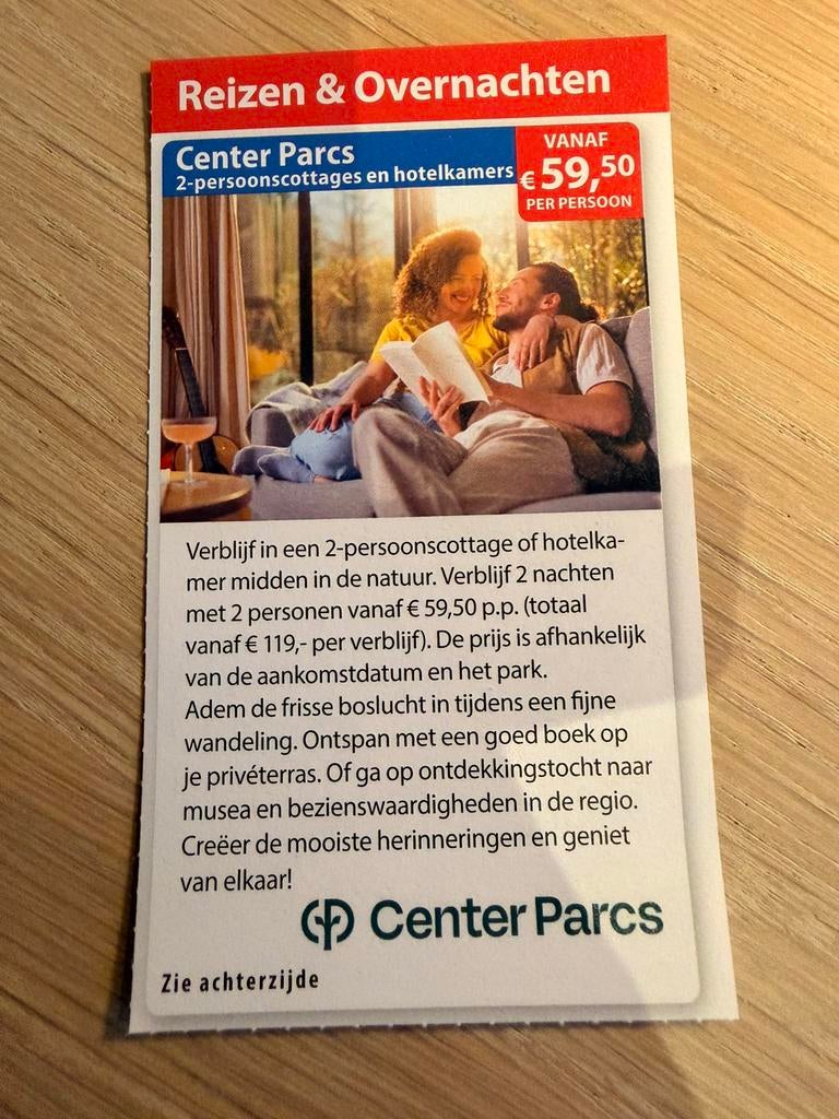 Kortingsbonnen voor Center Parcs, Twee personen, Kortingsbon, Bungalowpark