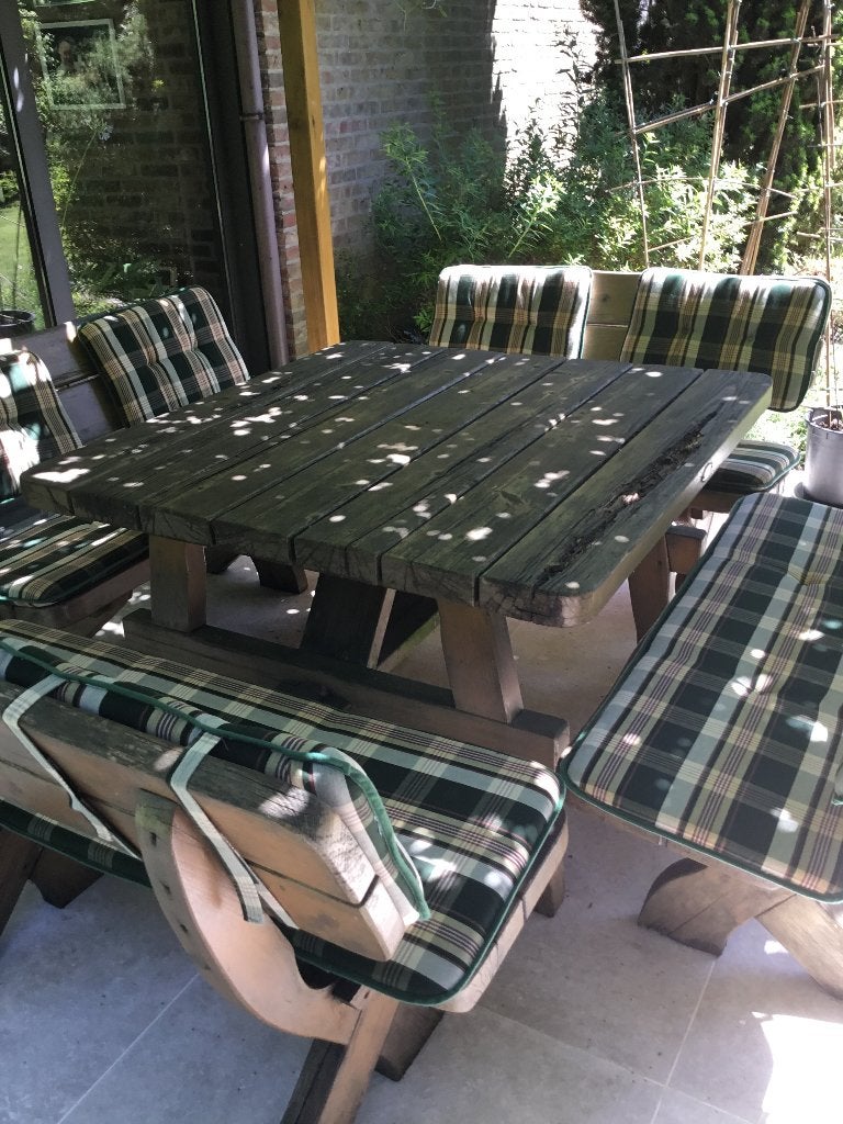 Tafel 120x120  met 4 banken, Tuin en Terras, Ophalen, Gebruikt, 8 zitplaatsen, Tuinset