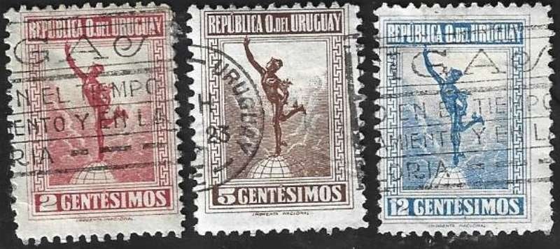 3 Postzegels Uruguay 1922 Mercurius, Ophalen of Verzenden, Gestempeld, Zuid-Amerika