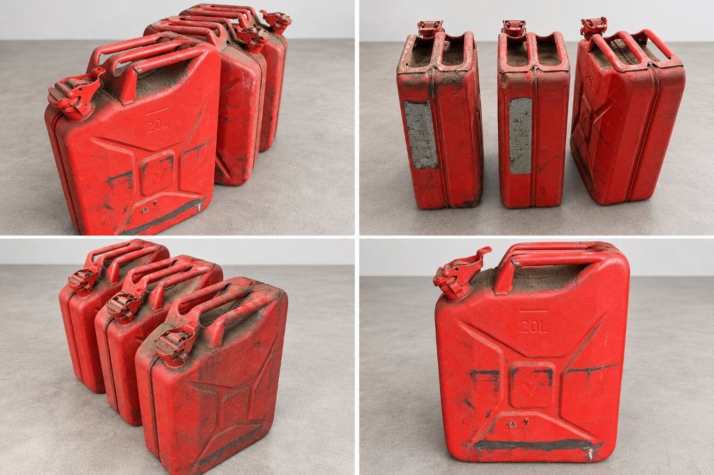3 metalen jerrycans – 20 liter per stuk – Rode benzinekannen, Ophalen, Gebruikt, Skoda