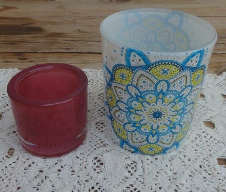 2 Glazen theelichthouders, een met mandala, Overige materialen, -, -, Ophalen of Verzenden