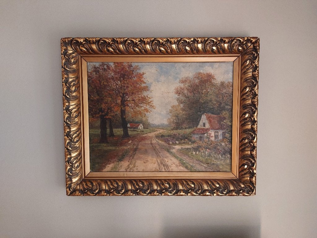 Oud schilderij A. Delaeter. Gipskader inbegrepen., Ophalen, Gesigneerd, Landschap