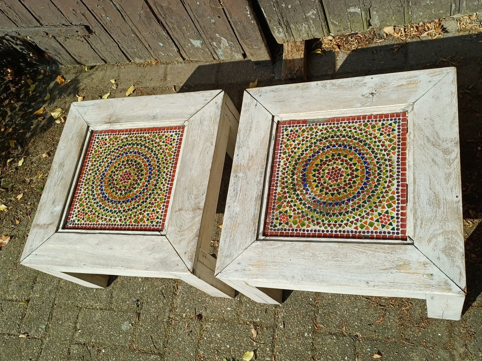 2 antieke bijzettafels met mozaïek, Ophalen of Verzenden