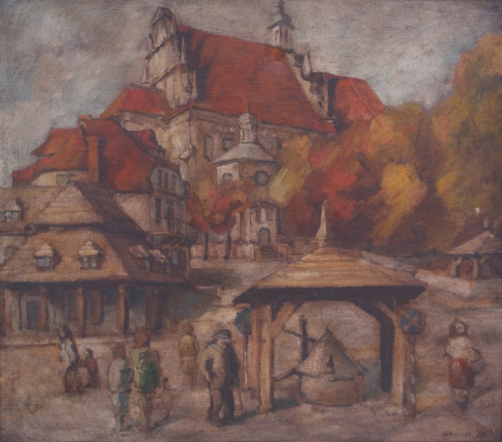 Poolse School: Kazimierz Dolny (O/D, 58 x 53 cm), Antiquités & Art, Art | Peinture | Classique, Enlèvement ou Envoi, Signé