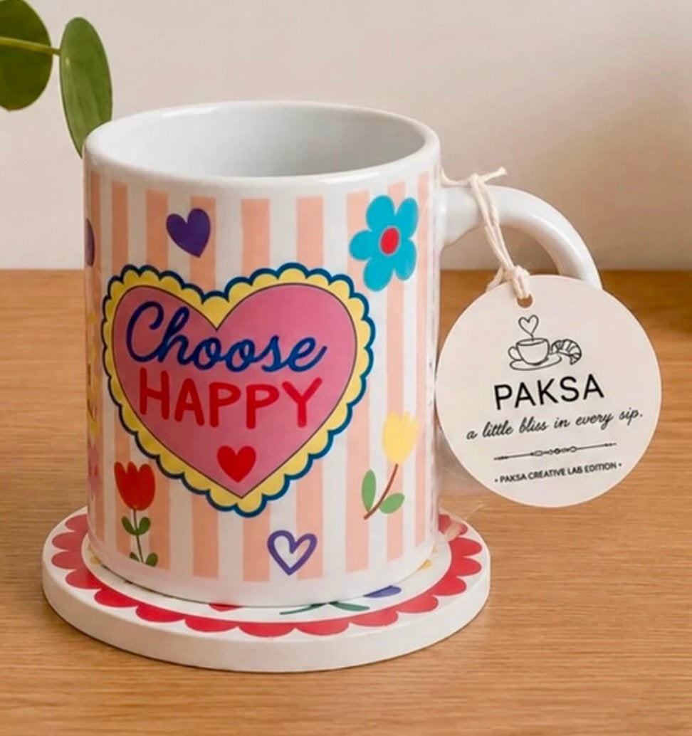 Keramische Koffiemok 330ml met Onderzetter – Choose Happy, Overige merken, Verzenden, Keramiek, Nieuw