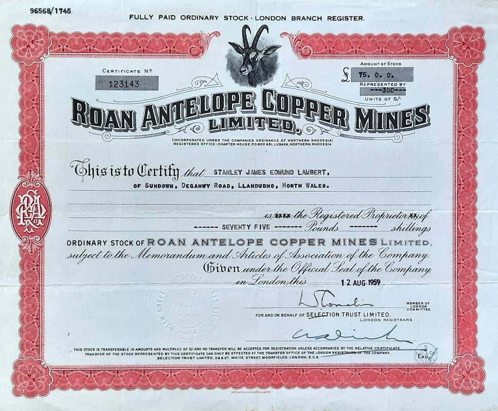 Roan Antelope Copper Mines Ltd - 1959, Timbres & Monnaies, Enlèvement ou Envoi, 1950 à 1970, Certificat d'action