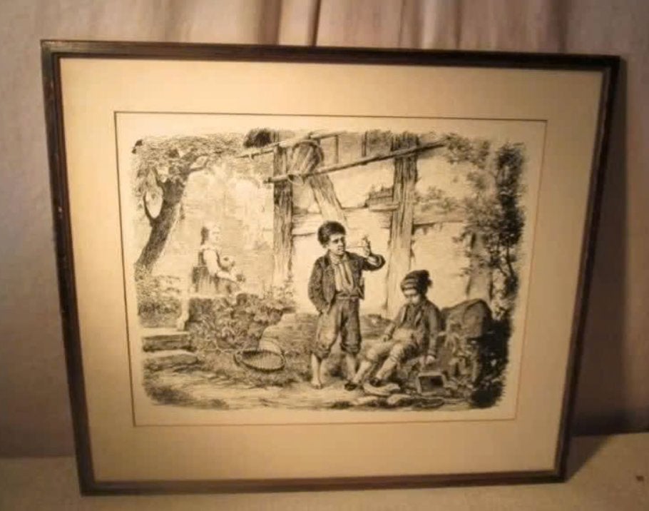 Belle gravure ancienne « Lummelen après l'école » - 54x46, Enlèvement ou Envoi, Vie quotidienne, Gravure, Encadré