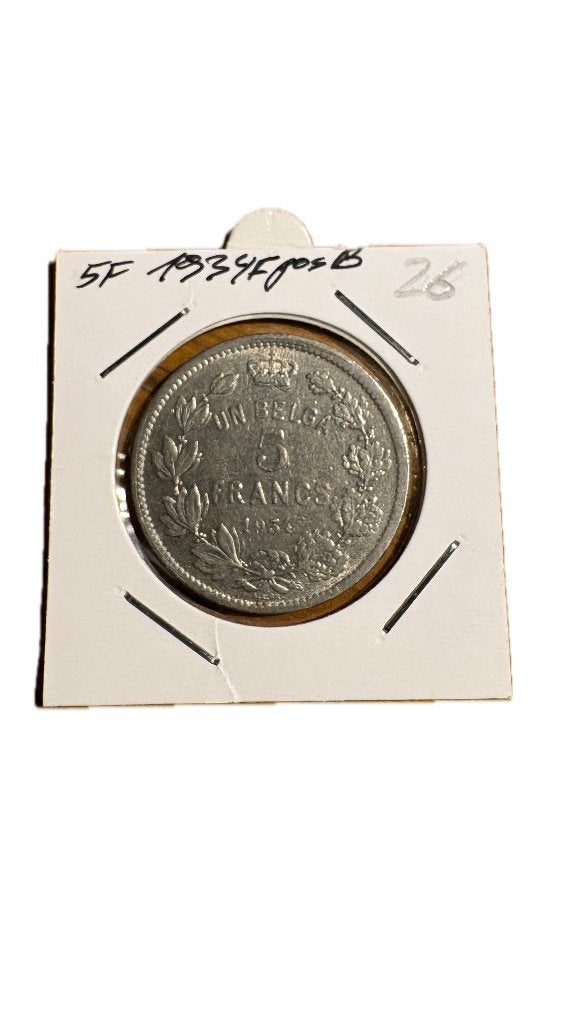 ALBERT I: 5 FRANC 1 BELGA 1934F Positie B, Postzegels en Munten, Ophalen of Verzenden