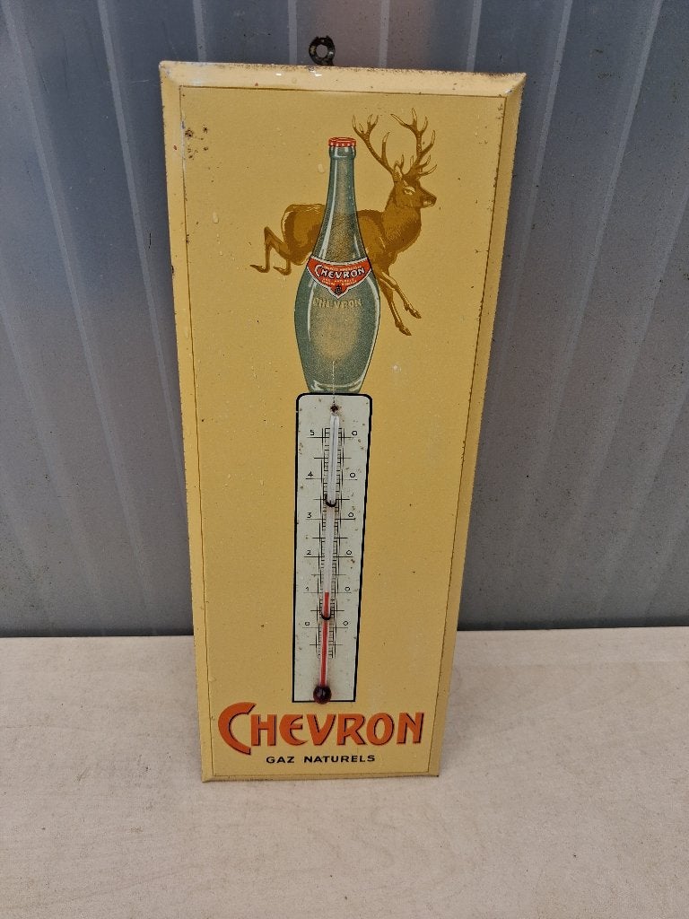 oud blikken thermometer  CHEVRON  jaar 1958, Verzamelen, Ophalen of Verzenden, Zo goed als nieuw, Reclamebord