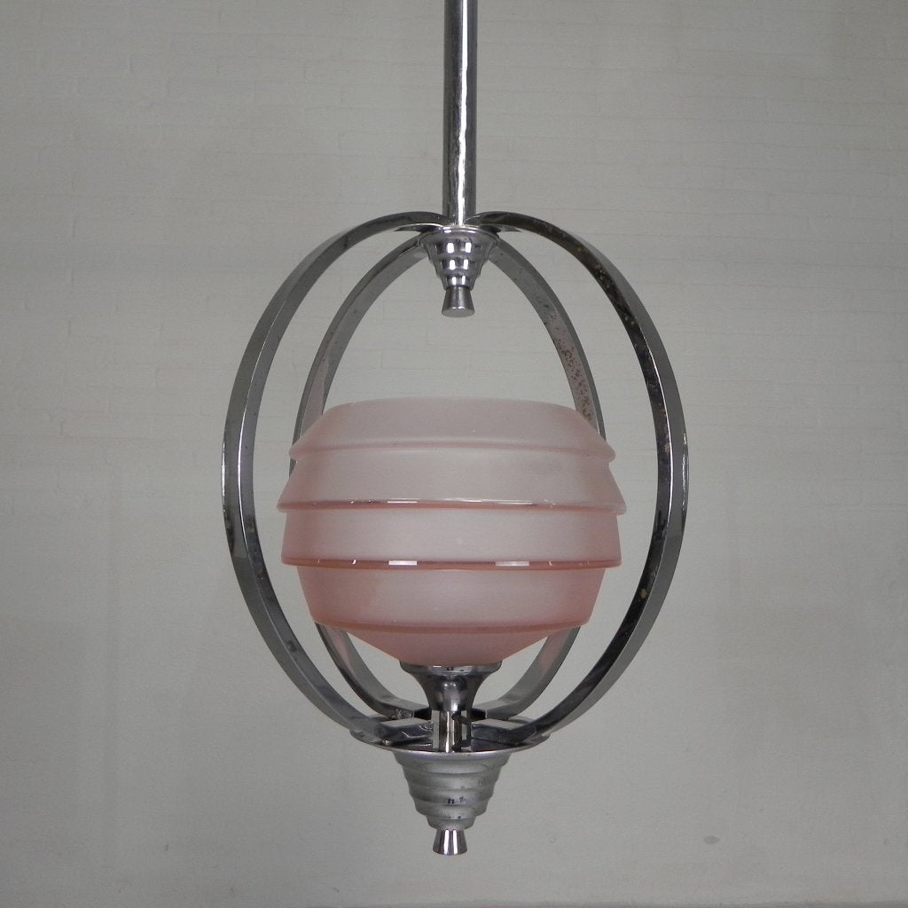 Art Deco hanglamp met glazen kap verchroomd frame, jaren 30, Ophalen of Verzenden