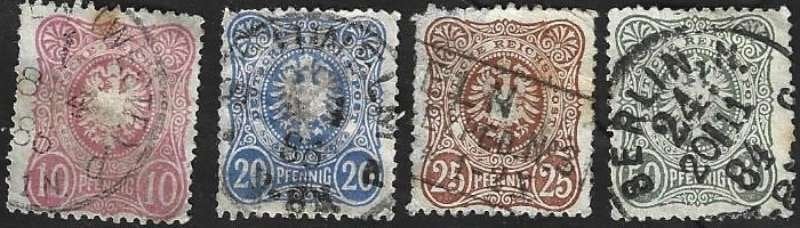 4 Postzegels Duitse Rijk 1880 Cijfer en adelaar, "Pfennig", Ophalen of Verzenden, Duitse Keizerrijk, Gestempeld