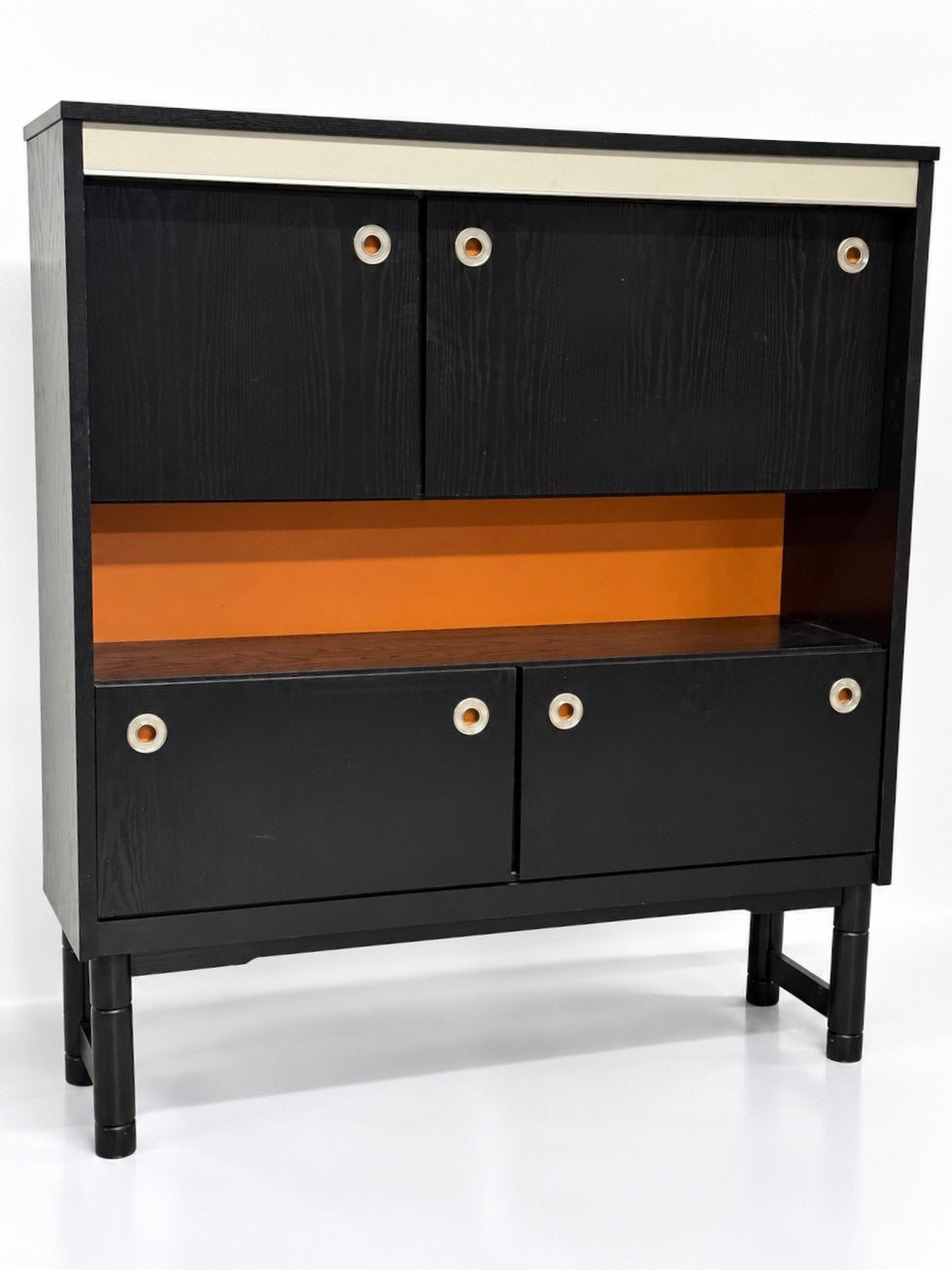 Secrétaire bar vintage années 70, noir et intérieur orange, Maison & Meubles, Enlèvement ou Envoi