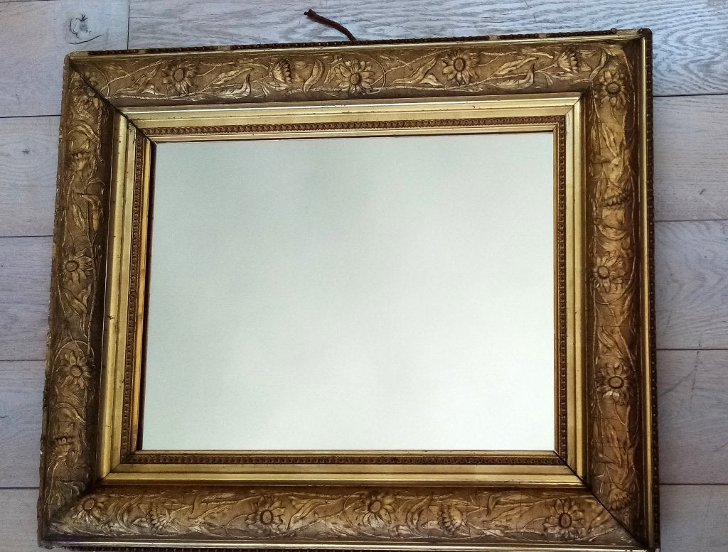 Grand Miroir vintage rectangulaire cadre bois doré sculpté, Antiquités & Art, Enlèvement, Rectangulaire, 50 à 100 cm, Moins de 100 cm