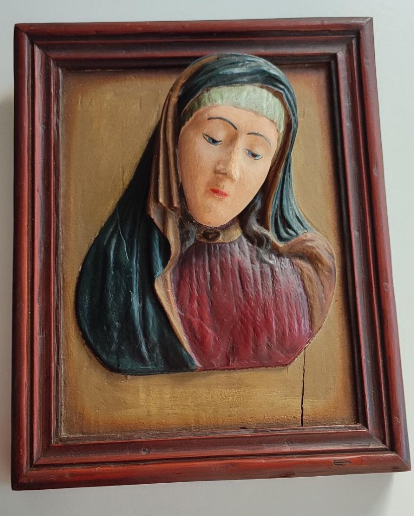 Antieke Mater Dolorosa -buste reliëfbeeld van de Maagd Maria, Ophalen of Verzenden