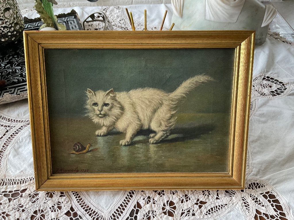Oud olieverf schilderij witte kat met slak, Enlèvement ou Envoi, Peinture à l'huile, Animaux