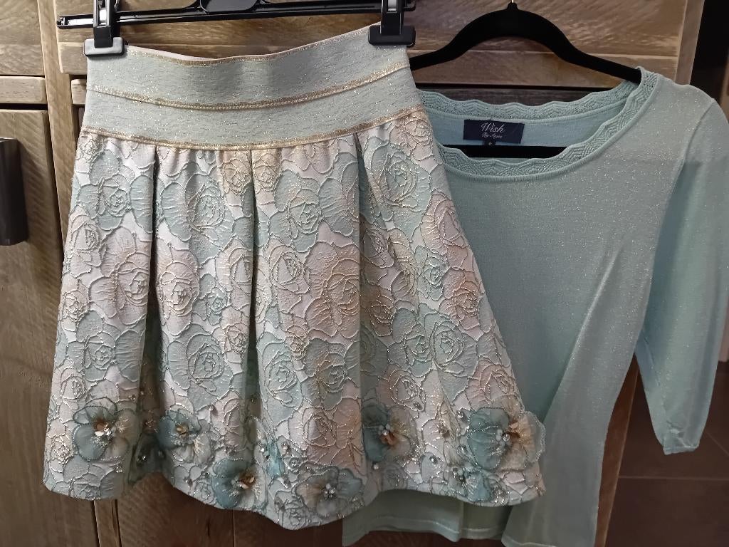 Feestelijke longsleeve + rokje mint, Enlèvement, Comme neuf, Taille 36 (S), Vert