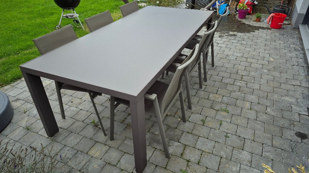 table en verre de jardin + 6 chaises – taupe, Jardin & Terrasse, Tables de jardin, Enlèvement, Utilisé, Rectangulaire, Aluminium