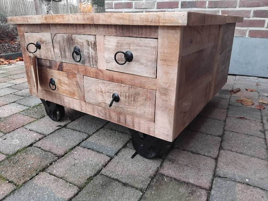 salontafel kist mango met lades en deksel op wielen Nieuw!, Ophalen, Nieuw