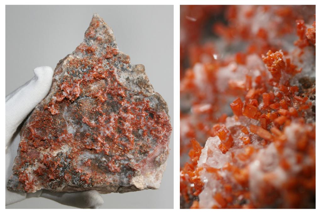 Realgaar op calciet (15 cm!) - Green River Gorge, USA, Verzamelen, Mineralen en Fossielen, Mineraal, Ophalen of Verzenden