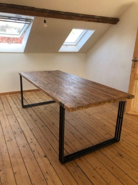 Grande table en bois massif – style industriel (230x100cm), Pin, Carré, 100 à 150 cm, Enlèvement
