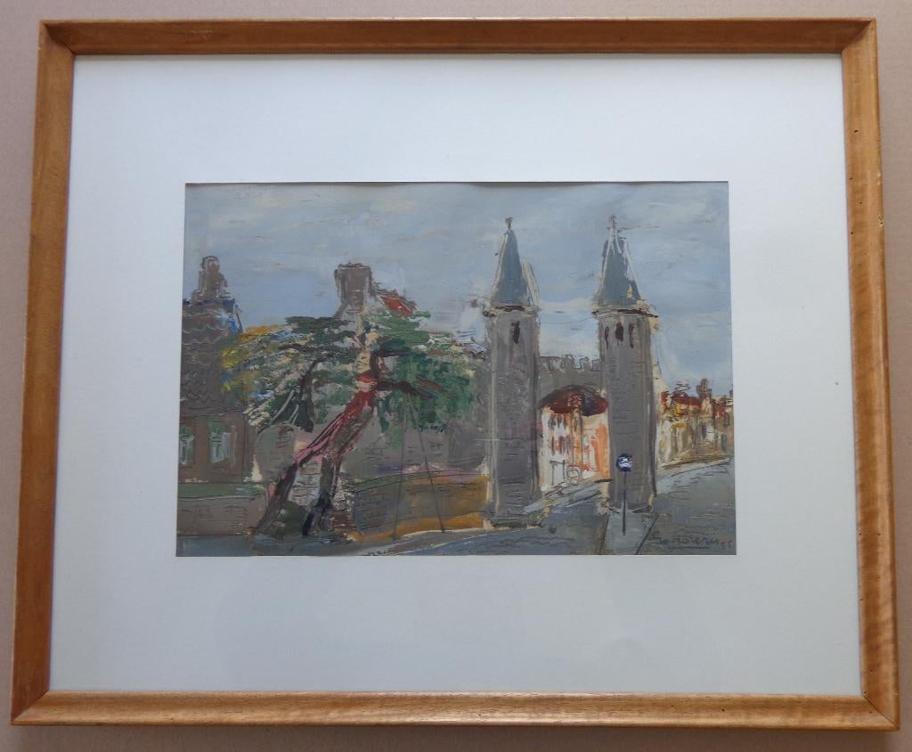 JACK GODDERIS / STADSPOORT / OLIEVERF KARTON / 48x58cm KADER, Antiquités & Art, Art | Peinture | Moderne, Enlèvement ou Envoi
