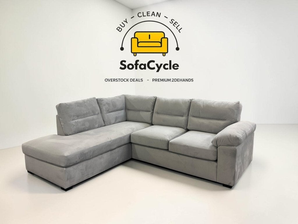 Hoekzetel lichtgrijs in fluweel, hoek L, Nieuw, Zonnestraat 223-229, 9600 Ronse, België, Info@sofacycle.be, SofaCycle VOF