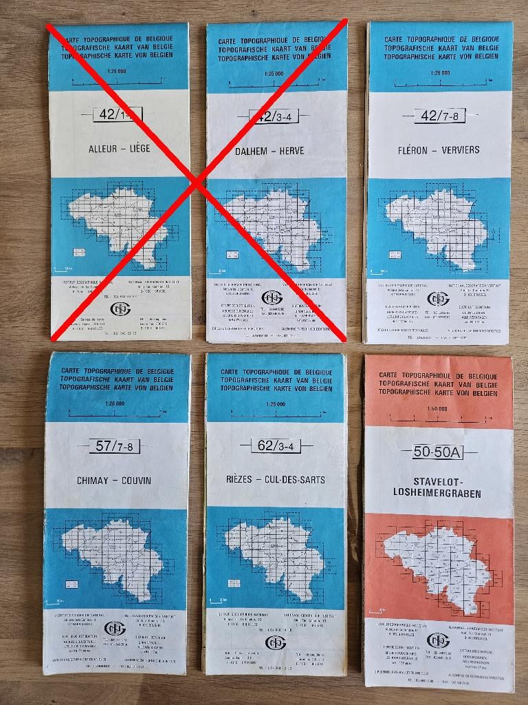 Lot de 4 cartes topographiques - IGN Belgique, Enlèvement ou Envoi, Belgique, Utilisé, Carte géographique
