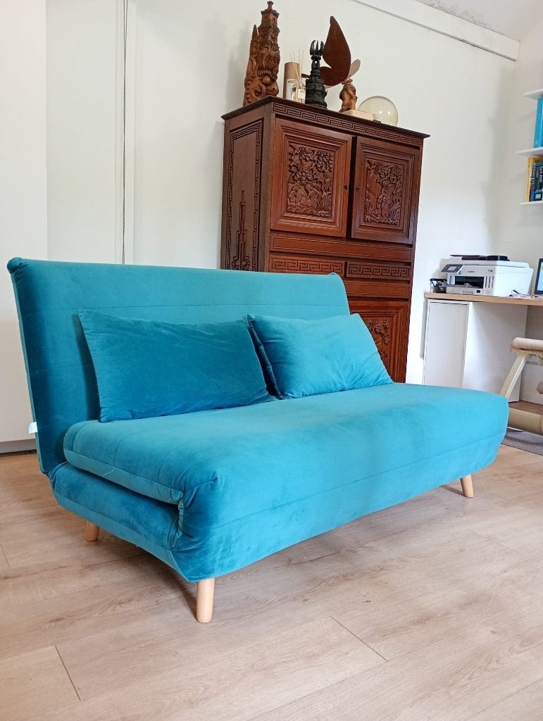 Zetelbed, slaapbank 150cm (maison du monde), Huis en Inrichting, Slaapkamer | Slaapbanken, Ophalen, Blauw, Tweepersoons, Zo goed als nieuw
