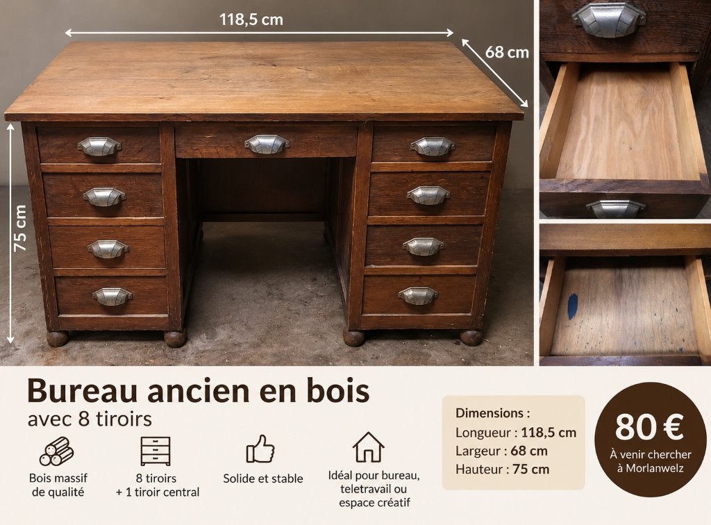 Bureau ancien Vintage, Autres marques, Autres types, Enlèvement, Bois