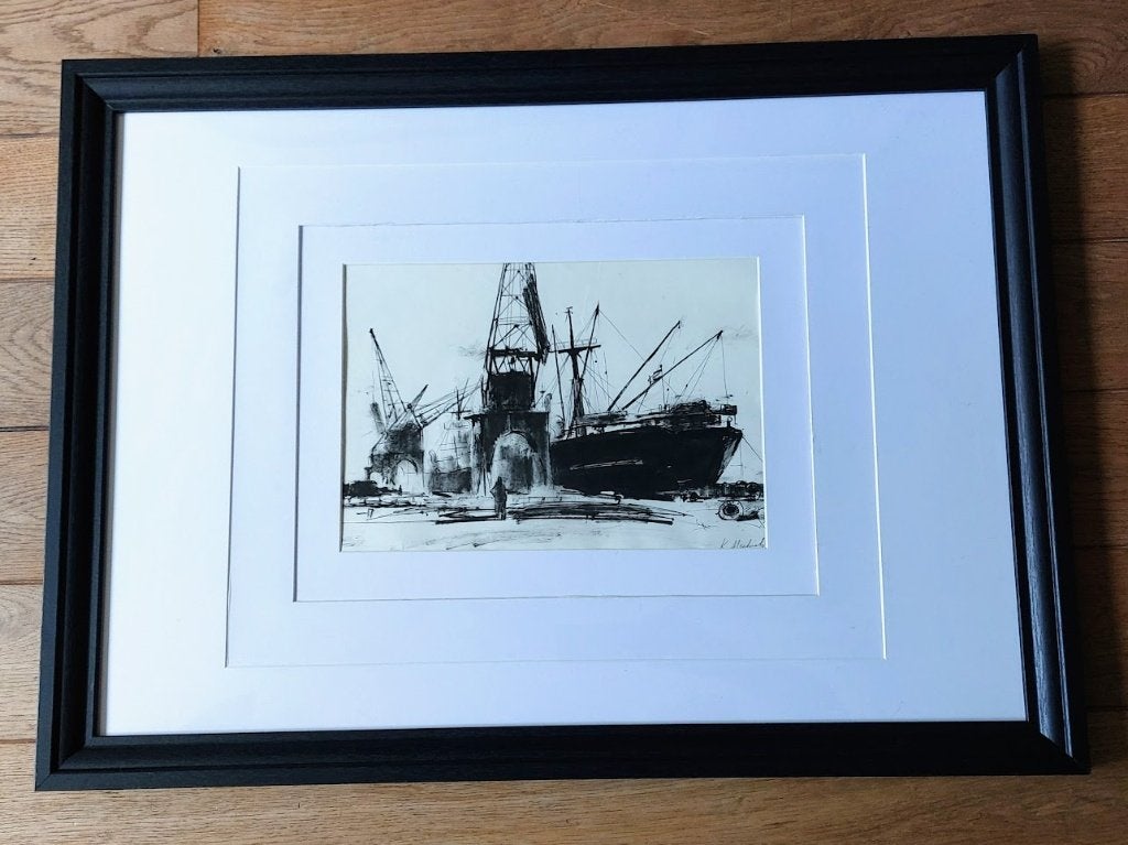 Karel Mechiels - Zwarte lavis & pen/papier - Antwerpse haven, Antiquités & Art, Art | Peinture | Moderne, Enlèvement ou Envoi